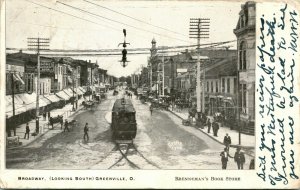 Vtg Postcard 1906 Greenville, Ohio - Broadway Looking South w Trolly Street View