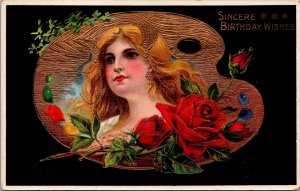 Gel Birthday Greetings Postcard Woman's Face in Painters Palette Red Roses