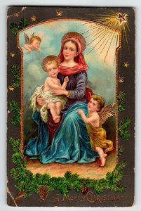 Christmas Postcard Madonna Cherubs Angels Gel Embossed Religious Germany 1909