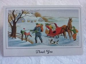 Thank You postcard from mail carrier winter postman scene with horse carriage