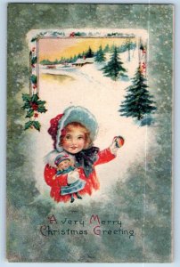 Christmas Postcard Greeting Little Girl With Doll Winter Scene Holton OR 1919