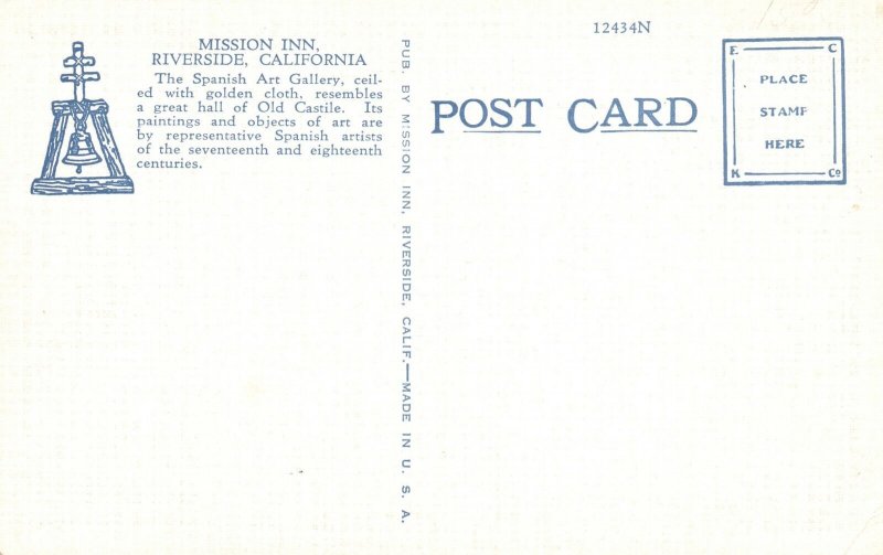 Vintage Postcard 1930's Spanish Art Gallery Mission Inn Old Castile