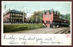 h3899 - PLATTSBURG NY Postcard 1907 D&HRR Train Station. Fouquet House