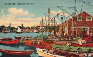 Vintage Postcard Harbor View Boats & Ships Provincetown Massachusetts Mayflower