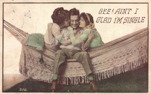Vintage Postcard Cuddling Hammock Pretty Girls And A Boy Ain't Glad I'm Single