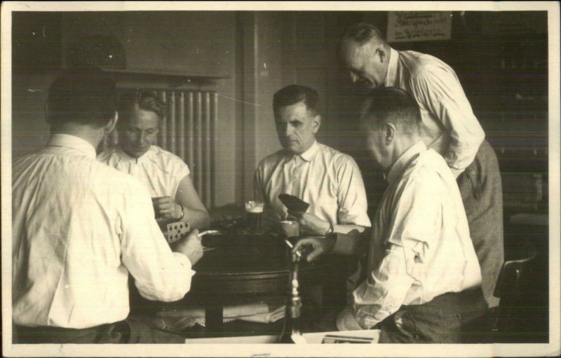 Men Playing Cards Smoking Cigarettes Drinking Beer Real Photo Postcard