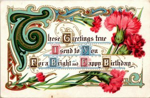 Vtg 1910s Happy Birthday Greetings Floral Gold Trim Flowers Embossed Postcard