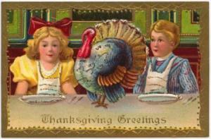 Thanksgiving Greetings PC, Boy, Girl, Turkey on table