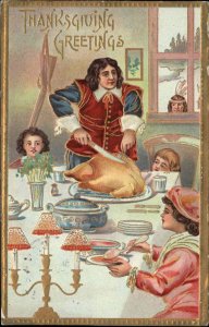 Thanksgiving Native American Spies on Pilgrim Carves Turkey c1910 Postcard