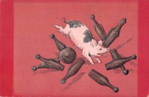 Pig Bowling Ball and Pins Vintage Postcard AA23453