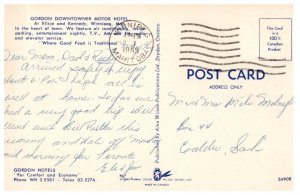 1965 Gordon Downtowner Motor Hotel Winnipeg Vintage Postcard