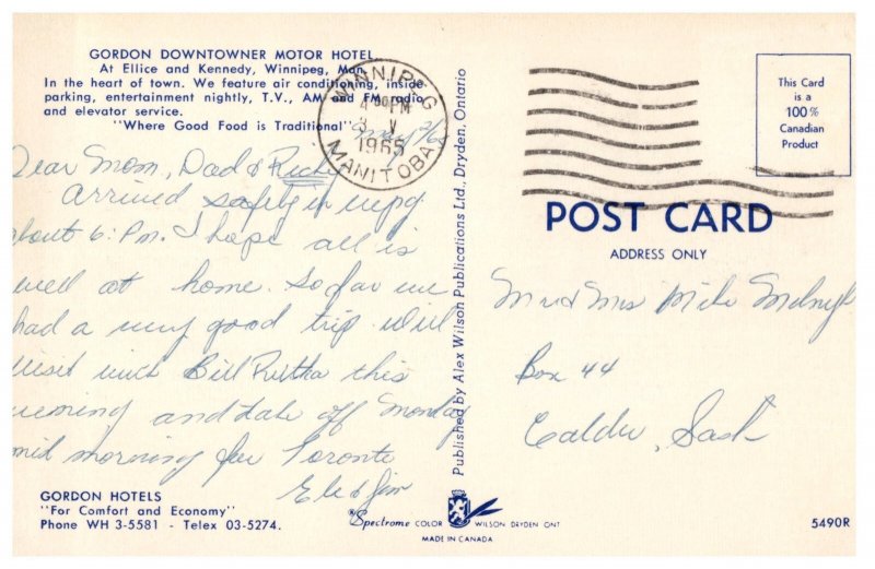 1965 Gordon Downtowner Motor Hotel Winnipeg Vintage Postcard