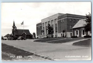 Audubon Iowa IA Postcard RPPC Photo East Side Square Telephone Office Cars c1940