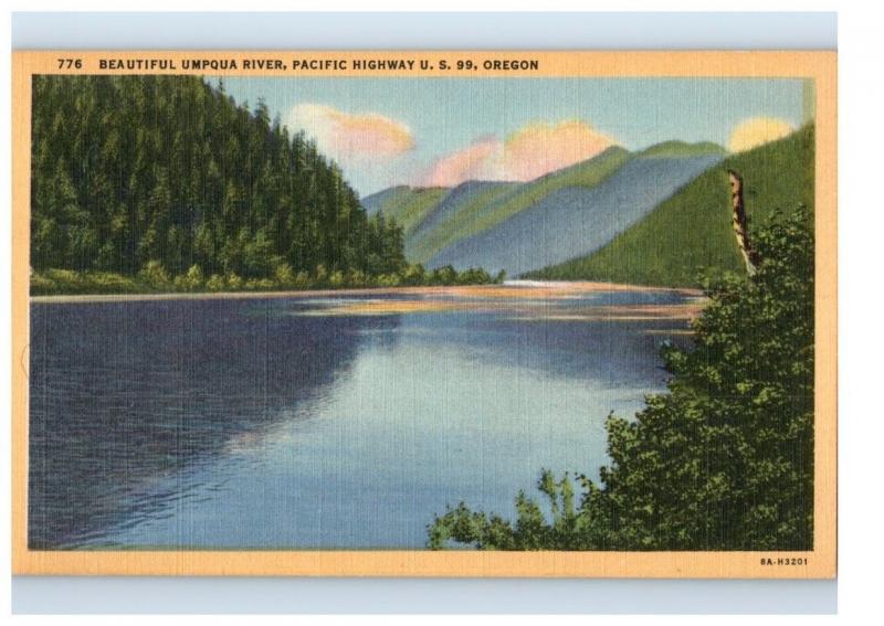 Mid-1900s Beautiful Umpqua River, Pacific Highway US 99, Oregon Postcard