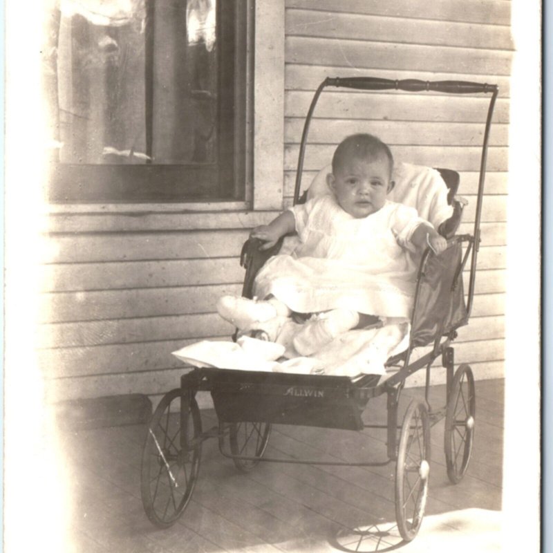 c1910s Cute Fat Baby Boy RPPC Allwin Baby Stroller Antique Real Photo PC A139