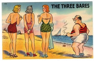 Vintage Linen Postcard - Beach Bikini Risqué Humor The Three Bares