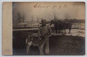 RPPC Young Farm Boy With His Calf And Horses Real Photo Postcard J37