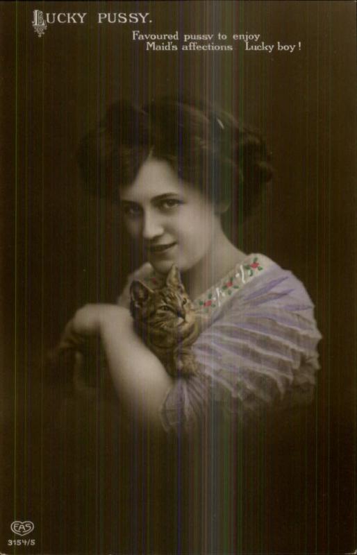 Beautiful Woman & Her Kitty Cat LUCKY PUSSY 3154/5 Tinted RPPC c1910