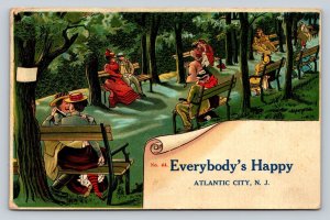 c1909 Couples Seated on Benches in Park Everybody's Happy ANTIQUE Postcard 1141