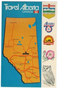 Canada 1970 Unused Postcard Alberta Map Coat of Arms Birds Owl Flowers