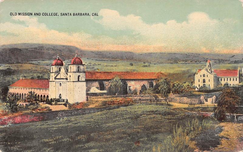 Old Mission and College, Santa Barbara, California, Early Postcard, Unused