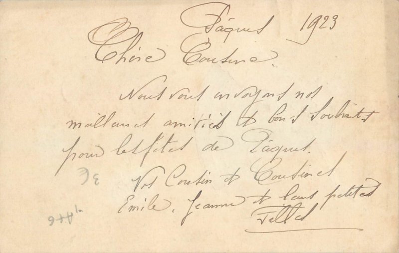 B502 Hand penciled flowers and bell Easter greetings card c.1923