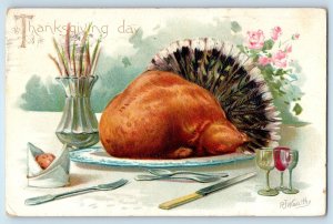 1907 Thanksgiving Day Turkey RJ Wealthy Flowers Embossed Tuck Antique Postcard