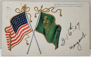 US Flag Irish Flag Greetings to Ireland 1907 Embossed Gold Gild Postcard D14