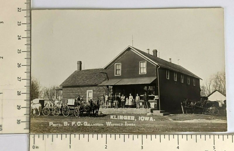 1910s Klinger Iowa General Store Rural Farm RPPC Postcard Buckboard Wagons 
