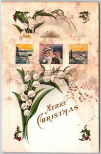 Merry Christmas, Santa Snowy Village Train Track, Lilies Of The Valley, Postcard