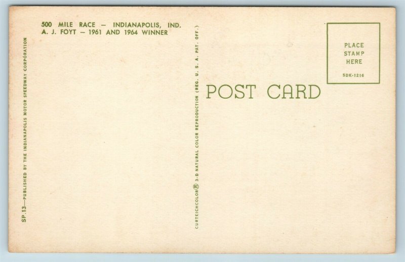 Postcard Indianapolis 500 Motor Speedway Driver AJ Foyt 1961 1964 Winner AD19