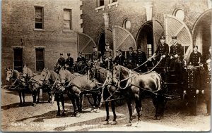 AZO RPPC IL Canton Fire Department Firemen Horse-Drawn Fire Trucks RARE 1909 H1