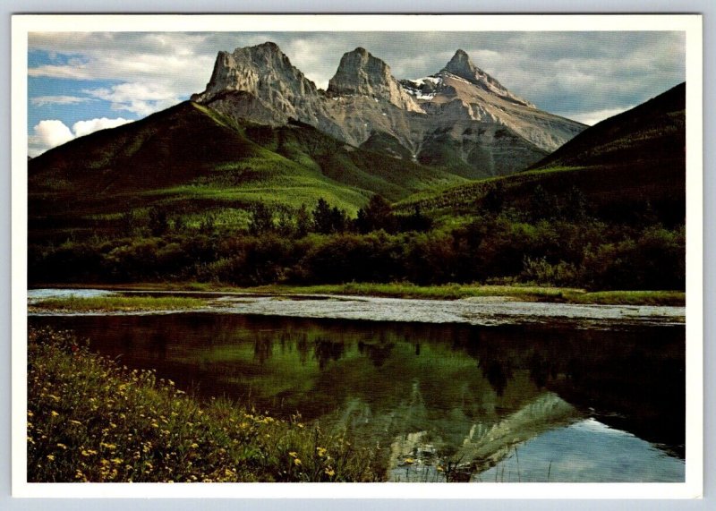 The Three Sisters, Bow River, Canmore, Alberta, Don Harmon Chrome Postcard