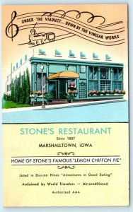 MARSHALLTOWN, Iowa IA ~ Roadside STONE'S RESTAURANT Lemon Chiffon Pie  Postcard