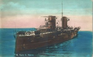 Italian Royal Navy Cruiser San Marco  - c1910s RPPC Color