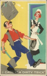 Art Deco CU Laff Series Man Balances Bucket on Nose Snooty Maid Postcard