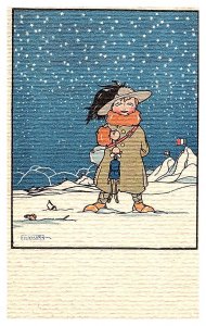 Winter, Girl with doll, signed