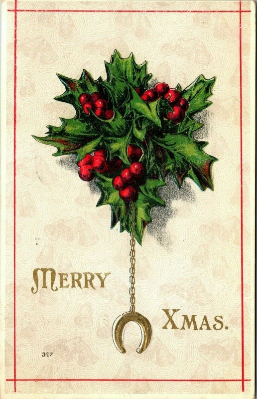 Vintage 1910's Merry Xmas Horseshoe Good Luck Holly Leaves Christmas Postcard