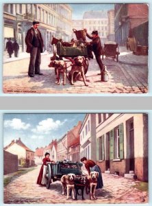 2 Postcards DOG LIFE IN BELGIUM Street Scene MILK & DAIRY CARTS Tuck Oilette