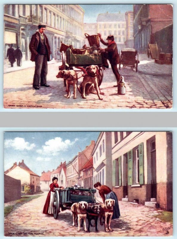 2 Postcards DOG LIFE IN BELGIUM Street Scene MILK & DAIRY CARTS Tuck Oilette