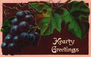 Vintage Postcard 1910's Hearty Greetings Blue Berries Big Leaves Wish Card