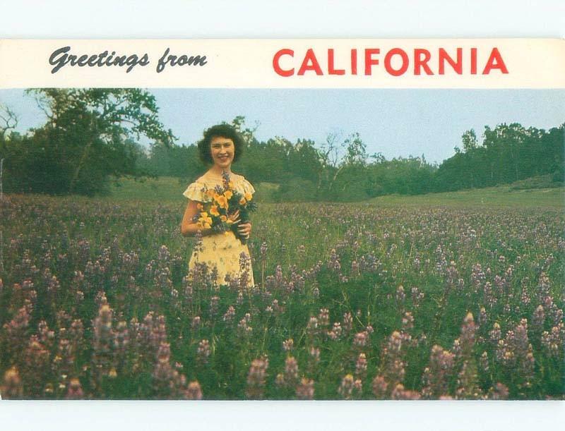 Pre-1980 WOMAN HOLDING CALIFORNIA POPPY FLOWERS State Of California CA E7480