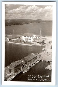 Grand Marais MN Postcard RPPC Photo US Coast Guard And Fish Houses 1946 Vintage