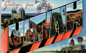 1940s Large Letter Greetings from Utah Multiview Linen Postcard