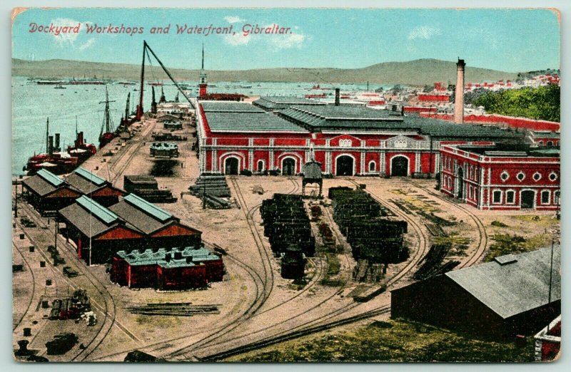 Gibraltar-Iberia nr Spain~Dockyards~Lumber Piles~Smokestack~c1910 Postcard 