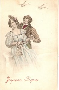 Elegant Couple. Romance. Birds Nice old vintage French postcard