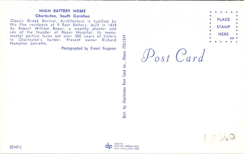 Charleston SC High Battery Home Robert Roper Home Postcard unused (18360)