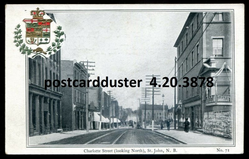 h3758 - ST. JOHN NB Postcard 1900s Charlotte Street. Patriotic Crest