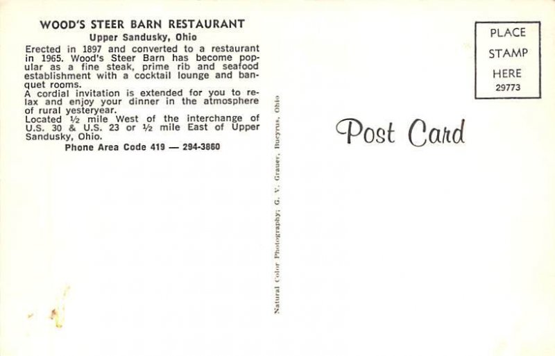 Wood's Steer Barn Restaurant Upper Sandusky, Ohio OH Postcard