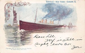 NEW YORK TO EUROPE SHIP VOYAGE STATUE OF LIBERTY POSTCARD 1905